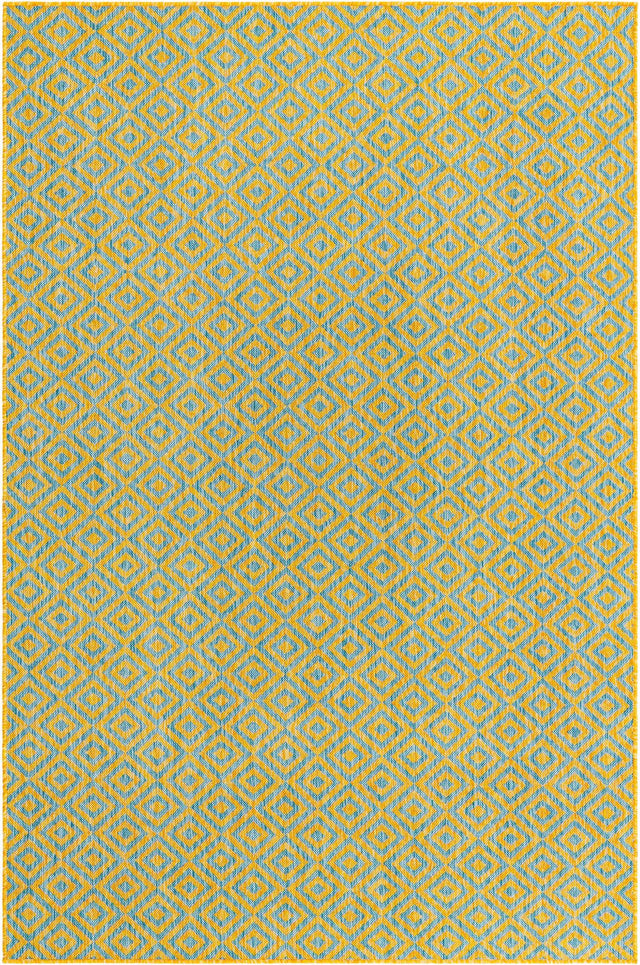 Yellow and Aqua 6' 1 x 9' Jill Zarin Outdoor Rectangle Area Rug Weather Resistant for Patio, Deck, Terrace, Balcony, Porch Durable 100% Polypropylene Carpet for Outside for Sale at Rug Engine