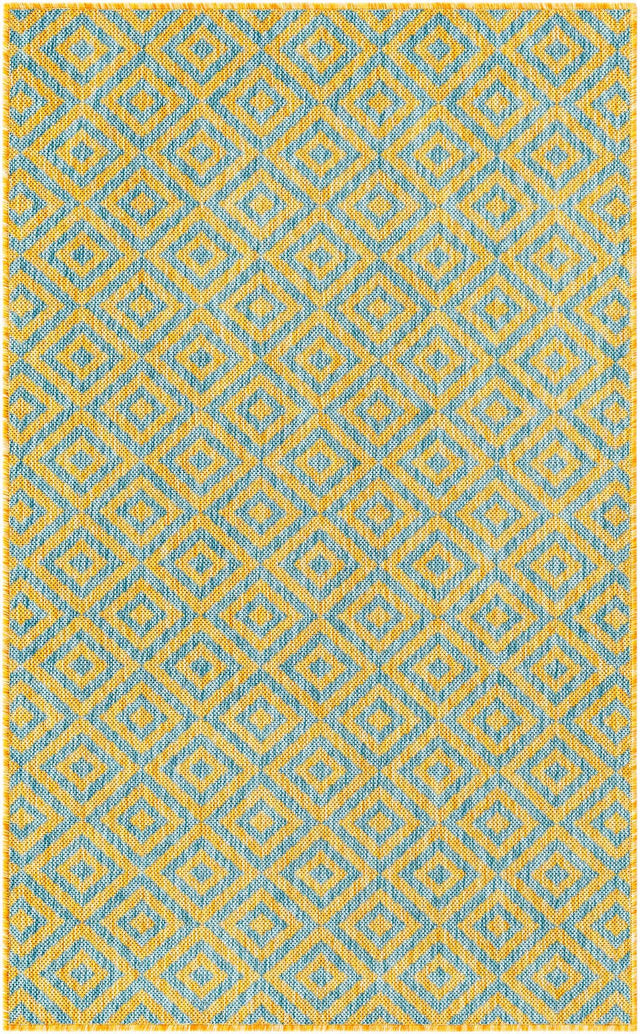 Yellow and Aqua 3' 1 x 5' 3 Jill Zarin Outdoor Rectangle Area Rug Weather Resistant for Patio, Deck, Terrace, Balcony, Porch Durable 100% Polypropylene Carpet for Outside for Sale at Rug Engine