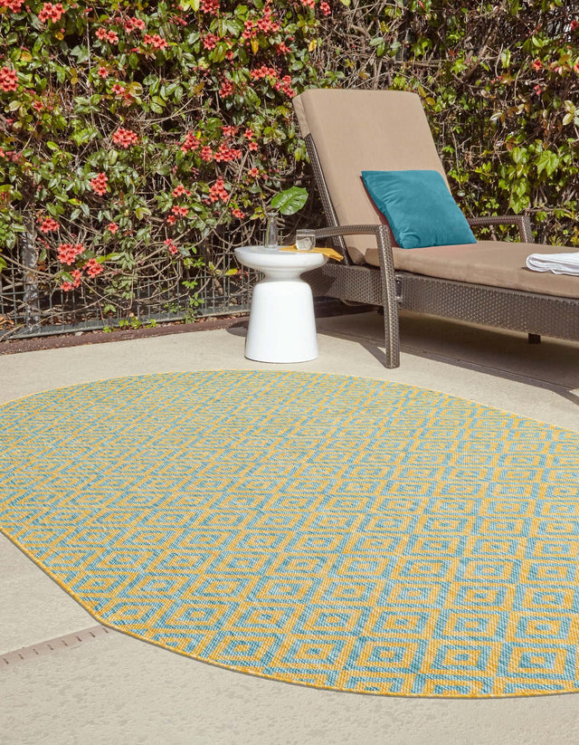 Yellow and Aqua 7' 10 x 10' Jill Zarin Outdoor Oval Area Rug Weather Resistant for Patio, Deck, Terrace, Balcony, Porch Durable 100% Polypropylene Carpet for Outside for Sale at Rug Engine
