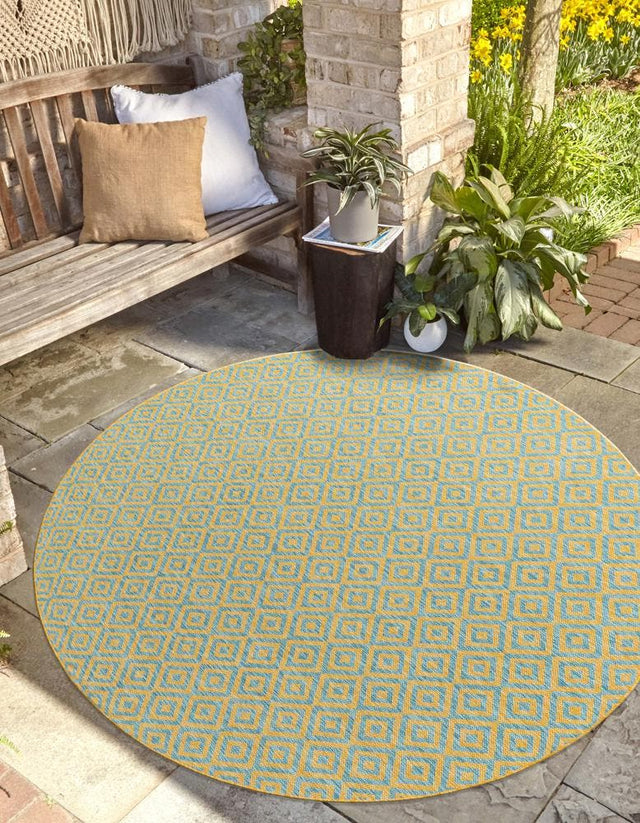 Yellow and Aqua 6' 7 x 6' 7 Jill Zarin Outdoor Round Area Rug Weather Resistant for Patio, Deck, Terrace, Balcony, Porch Durable 100% Polypropylene Carpet for Outside for Sale at Rug Engine