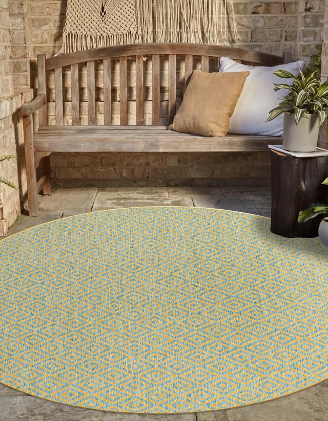 Yellow and Aqua 13' 1 x 13' 1 Jill Zarin Outdoor Round Area Rug Weather Resistant for Patio, Deck, Terrace, Balcony, Porch Durable 100% Polypropylene Carpet for Outside for Sale at Rug Engine