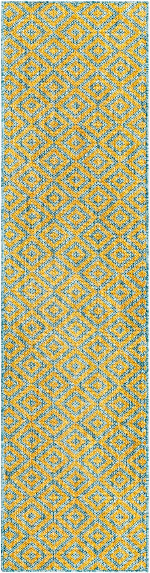 Yellow and Aqua 2' x 8' Jill Zarin Outdoor Runner Area Rug Weather Resistant for Patio, Deck, Terrace, Balcony, Porch Durable 100% Polypropylene Carpet for Outside for Sale at Rug Engine
