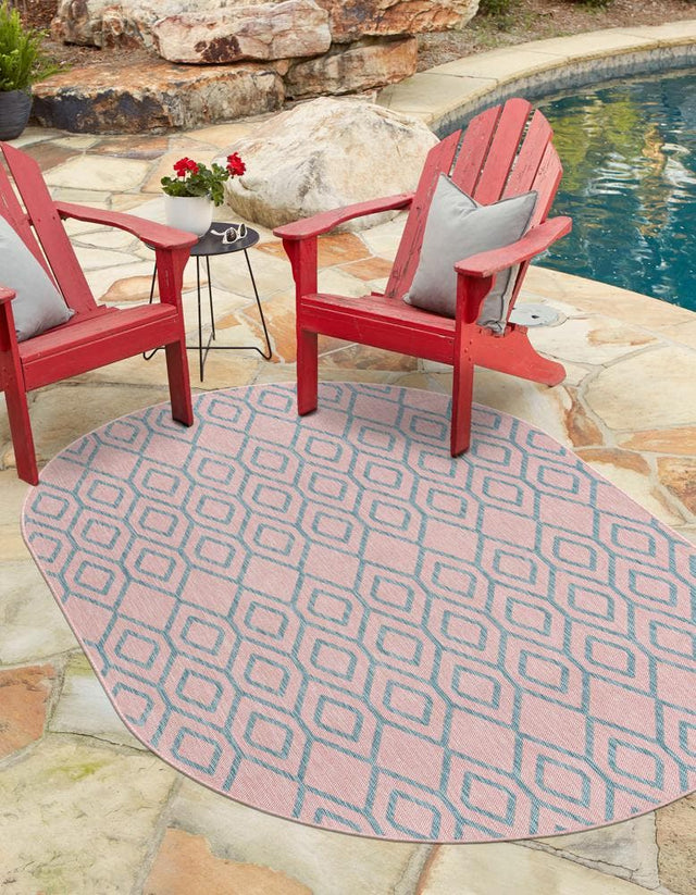 Pink and Aqua 7' 10 x 10' Jill Zarin Outdoor Oval Area Rug Weather Resistant for Patio, Deck, Terrace, Balcony, Porch Durable 100% Polypropylene Carpet for Outside for Sale at Rug Engine