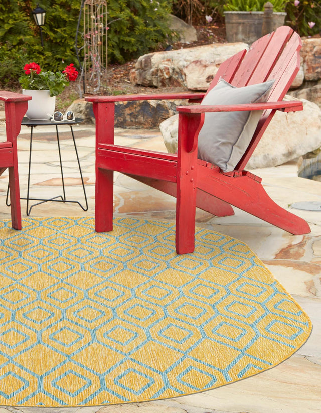 Yellow and Aqua 5' 3 x 8' Jill Zarin Outdoor Oval Area Rug Weather Resistant for Patio, Deck, Terrace, Balcony, Porch Durable 100% Polypropylene Carpet for Outside for Sale at Rug Engine