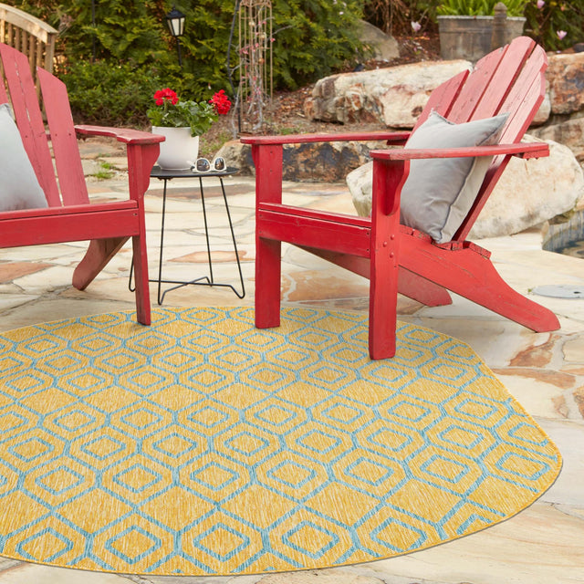 Yellow and Aqua 7' 10 x 10' Jill Zarin Outdoor Oval Area Rug Weather Resistant for Patio, Deck, Terrace, Balcony, Porch Durable 100% Polypropylene Carpet for Outside for Sale at Rug Engine