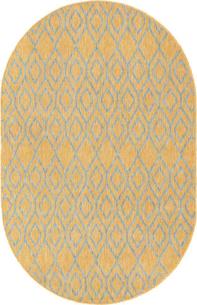 Yellow and Aqua 5' 3 x 8' Jill Zarin Outdoor Oval Area Rug Weather Resistant for Patio, Deck, Terrace, Balcony, Porch Durable 100% Polypropylene Carpet for Outside for Sale at Rug Engine