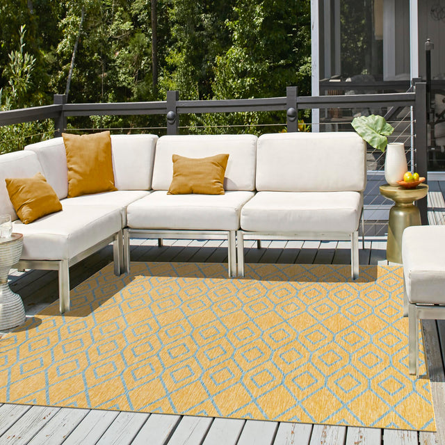 Yellow and Aqua 10' 8 x 10' 8 Jill Zarin Outdoor Square Area Rug Weather Resistant for Patio, Deck, Terrace, Balcony, Porch Durable 100% Polypropylene Carpet for Outside for Sale at Rug Engine
