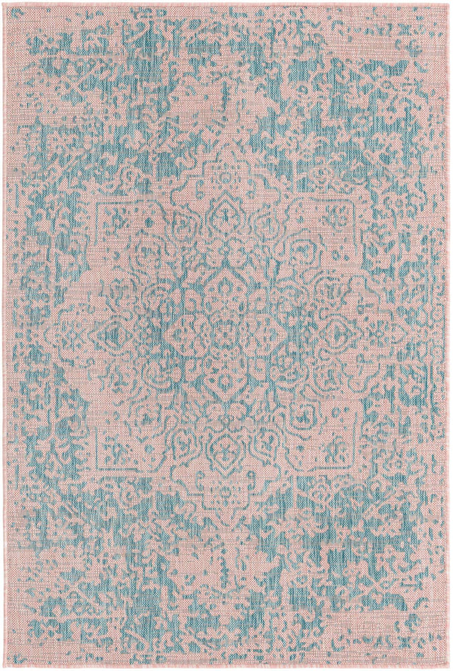 Pink and Aqua 4' 1 x 6' 1 Jill Zarin Outdoor Rectangle Area Rug Weather Resistant for Patio, Deck, Terrace, Balcony, Porch Durable 100% Polypropylene Carpet for Outside for Sale at Rug Engine