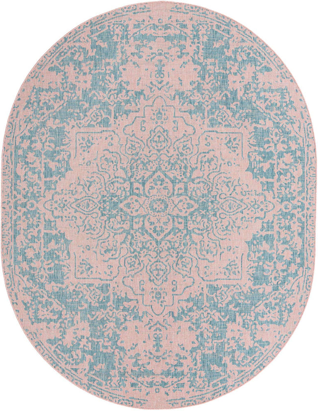 Pink and Aqua 7' 10 x 10' Jill Zarin Outdoor Oval Area Rug Weather Resistant for Patio, Deck, Terrace, Balcony, Porch Durable 100% Polypropylene Carpet for Outside for Sale at Rug Engine