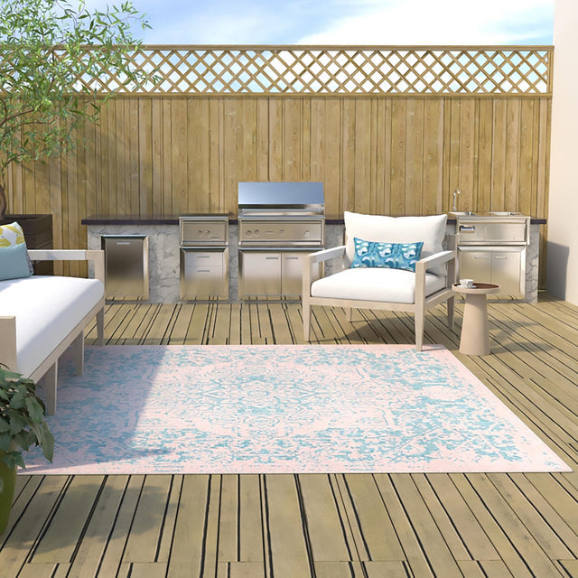 Pink and Aqua 10' 8 x 10' 8 Jill Zarin Outdoor Square Area Rug Weather Resistant for Patio, Deck, Terrace, Balcony, Porch Durable 100% Polypropylene Carpet for Outside for Sale at Rug Engine