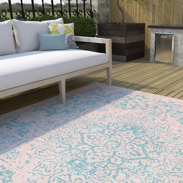 Pink and Aqua 10' 8 x 10' 8 Jill Zarin Outdoor Square Area Rug Weather Resistant for Patio, Deck, Terrace, Balcony, Porch Durable 100% Polypropylene Carpet for Outside for Sale at Rug Engine