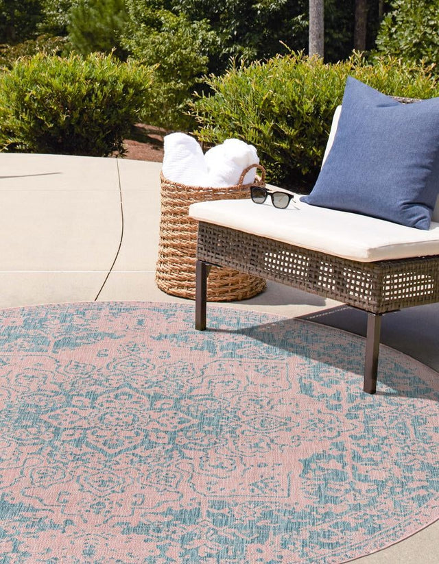 Pink and Aqua 13' 1 x 13' 1 Jill Zarin Outdoor Round Area Rug Weather Resistant for Patio, Deck, Terrace, Balcony, Porch Durable 100% Polypropylene Carpet for Outside for Sale at Rug Engine