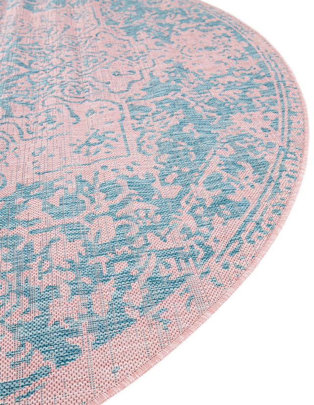 Pink and Aqua 7' 1 x 7' 1 Jill Zarin Outdoor Round Area Rug Weather Resistant for Patio, Deck, Terrace, Balcony, Porch Durable 100% Polypropylene Carpet for Outside for Sale at Rug Engine