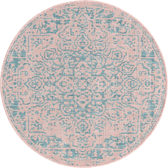 Pink and Aqua 3' 1 x 3' 1 Jill Zarin Outdoor Round Area Rug Weather Resistant for Patio, Deck, Terrace, Balcony, Porch Durable 100% Polypropylene Carpet for Outside for Sale at Rug Engine