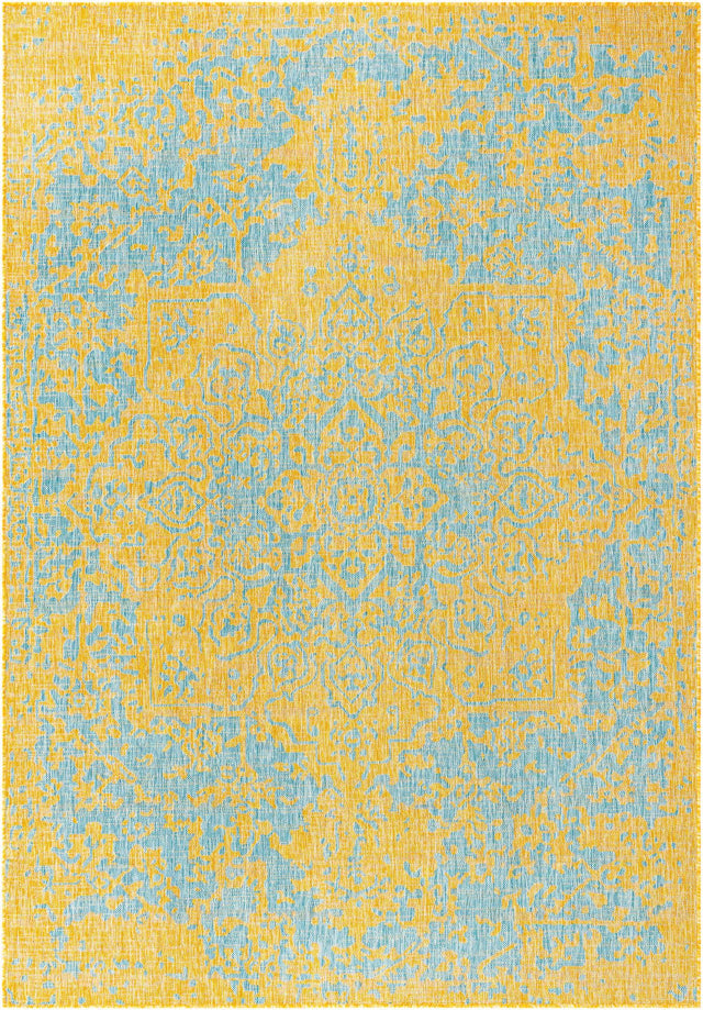 Yellow and Aqua 7' 1 x 10' Jill Zarin Outdoor Rectangle Area Rug Weather Resistant for Patio, Deck, Terrace, Balcony, Porch Durable 100% Polypropylene Carpet for Outside for Sale at Rug Engine