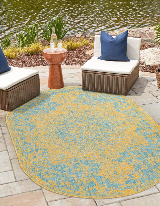 Yellow and Aqua 7' 10 x 10' Jill Zarin Outdoor Oval Area Rug Weather Resistant for Patio, Deck, Terrace, Balcony, Porch Durable 100% Polypropylene Carpet for Outside for Sale at Rug Engine