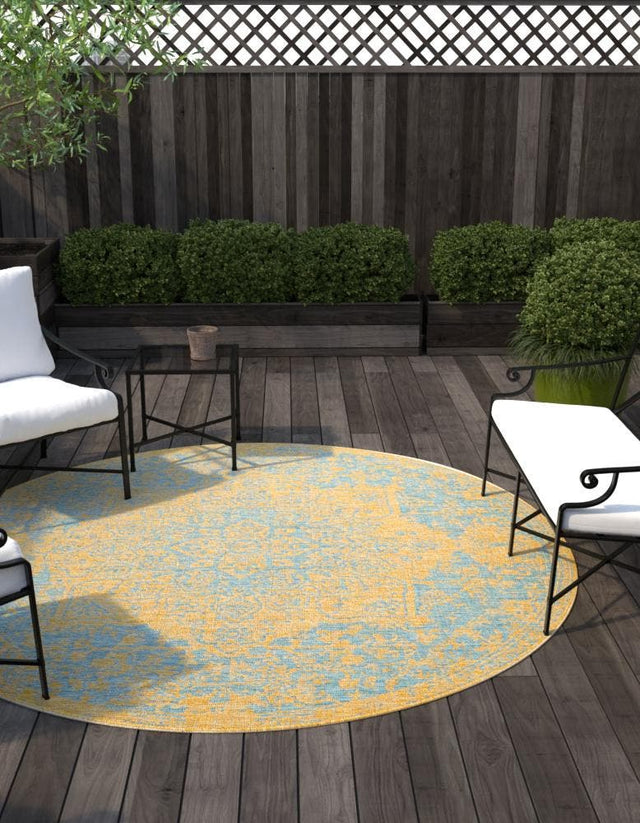 Yellow and Aqua 13' 1 x 13' 1 Jill Zarin Outdoor Round Area Rug Weather Resistant for Patio, Deck, Terrace, Balcony, Porch Durable 100% Polypropylene Carpet for Outside for Sale at Rug Engine