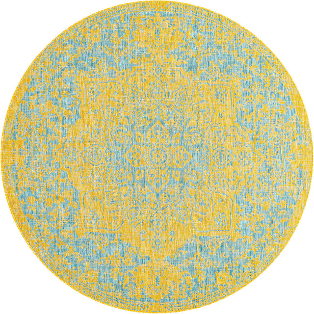 Yellow and Aqua 6' 7 x 6' 7 Jill Zarin Outdoor Round Area Rug Weather Resistant for Patio, Deck, Terrace, Balcony, Porch Durable 100% Polypropylene Carpet for Outside for Sale at Rug Engine