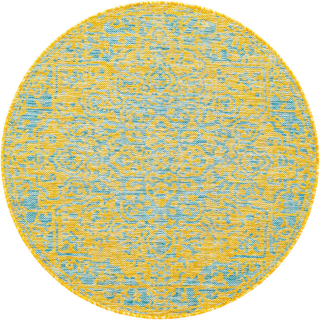 Yellow and Aqua 3' 1 x 3' 1 Jill Zarin Outdoor Round Area Rug Weather Resistant for Patio, Deck, Terrace, Balcony, Porch Durable 100% Polypropylene Carpet for Outside for Sale at Rug Engine