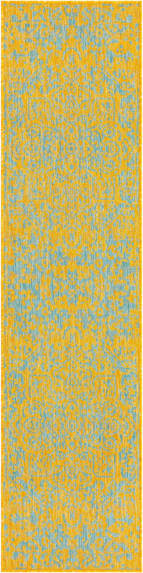 Yellow and Aqua 2' x 8' Jill Zarin Outdoor Runner Area Rug Weather Resistant for Patio, Deck, Terrace, Balcony, Porch Durable 100% Polypropylene Carpet for Outside for Sale at Rug Engine
