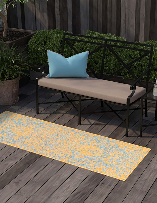 Yellow and Aqua 2' x 8' Jill Zarin Outdoor Runner Area Rug Weather Resistant for Patio, Deck, Terrace, Balcony, Porch Durable 100% Polypropylene Carpet for Outside for Sale at Rug Engine