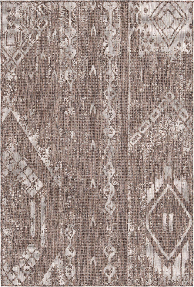 Brown 4' 1 x 6' 1 Outdoor Bohemian Rectangle Area Rug Weather Resistant for Patio, Deck, Terrace, Balcony, Porch 100% Polypropylene Boho Carpet Mat for Sale at Rug Engine