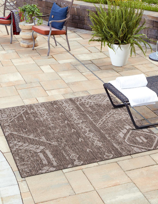 Brown 5' 3 x 5' 3 Outdoor Bohemian Square Area Rug Weather Resistant for Patio, Deck, Terrace, Balcony, Porch 100% Polypropylene Boho Carpet Mat for Sale at Rug Engine