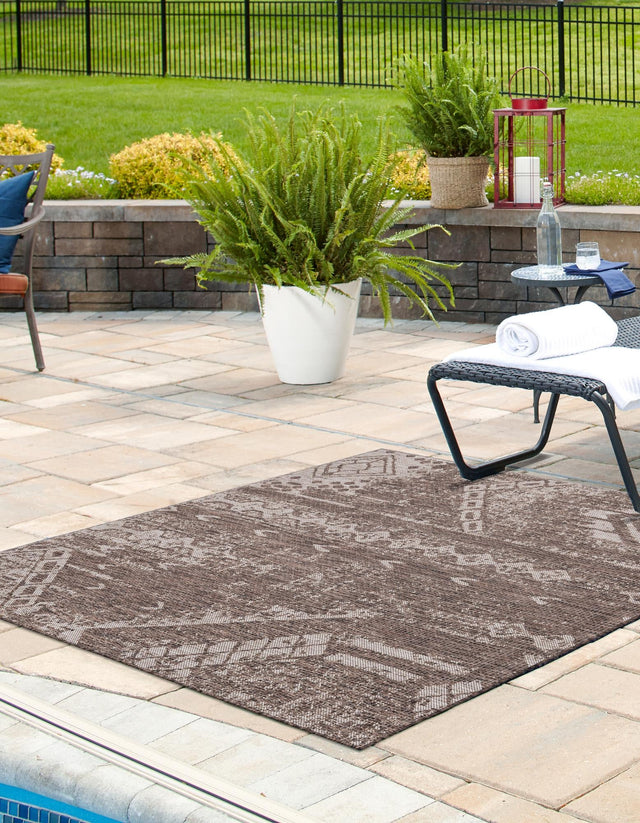Brown 5' 3 x 5' 3 Outdoor Bohemian Square Area Rug Weather Resistant for Patio, Deck, Terrace, Balcony, Porch 100% Polypropylene Boho Carpet Mat for Sale at Rug Engine