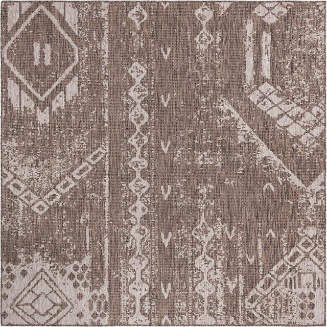 Brown 7' 1 x 7' 1 Outdoor Bohemian Square Area Rug Weather Resistant for Patio, Deck, Terrace, Balcony, Porch 100% Polypropylene Boho Carpet Mat for Sale at Rug Engine