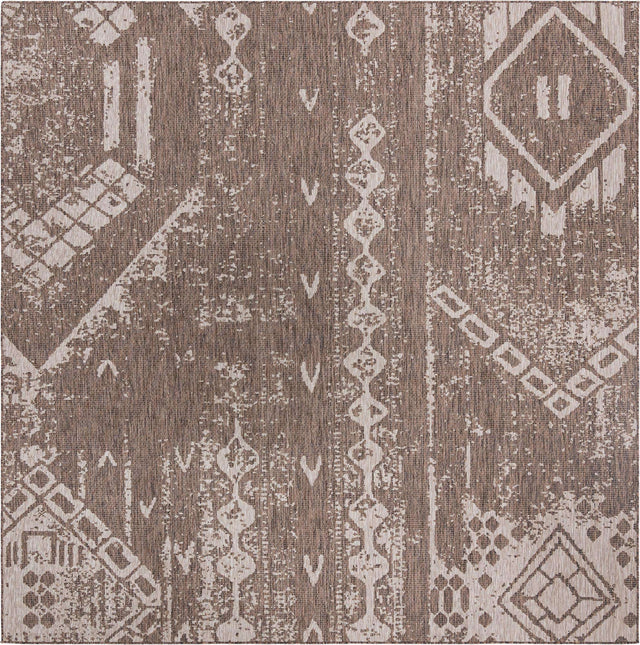 Brown 10' 8 x 10' 8 Outdoor Bohemian Square Area Rug Weather Resistant for Patio, Deck, Terrace, Balcony, Porch 100% Polypropylene Boho Carpet Mat for Sale at Rug Engine