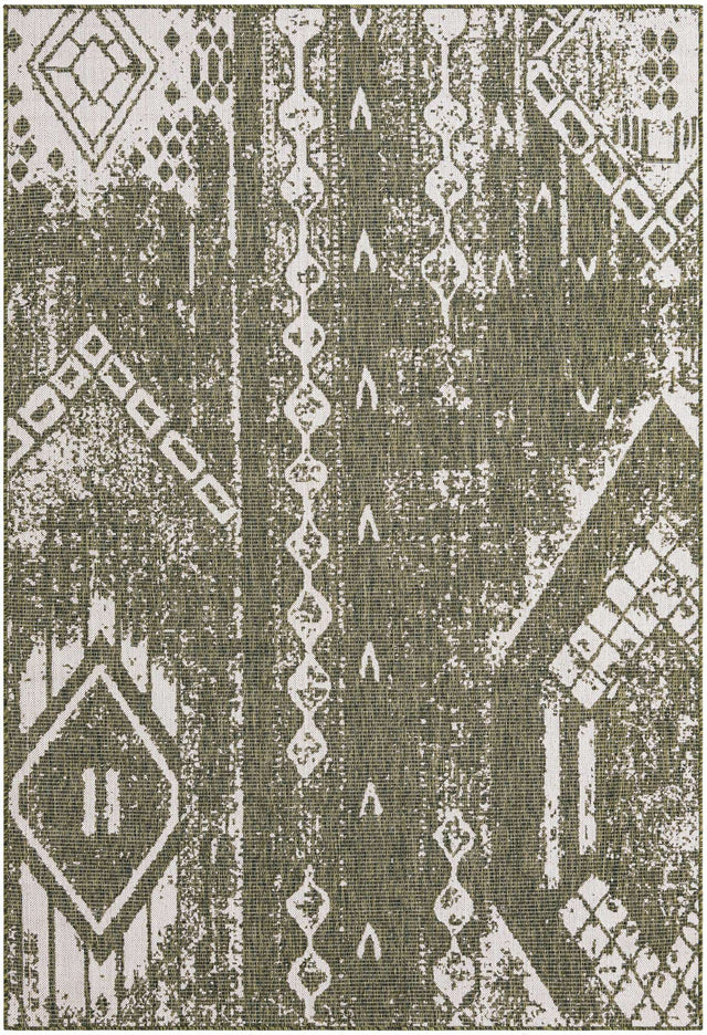 Green 6' 1 x 9' Outdoor Bohemian Rectangle Area Rug Weather Resistant for Patio, Deck, Terrace, Balcony, Porch 100% Polypropylene Boho Carpet Mat for Sale at Rug Engine