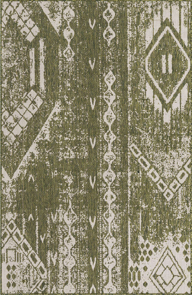 Green 5' 3 x 8' Outdoor Bohemian Rectangle Area Rug Weather Resistant for Patio, Deck, Terrace, Balcony, Porch 100% Polypropylene Boho Carpet Mat for Sale at Rug Engine