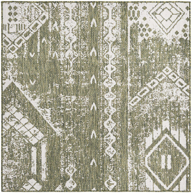 Green 5' 3 x 5' 3 Outdoor Bohemian Square Area Rug Weather Resistant for Patio, Deck, Terrace, Balcony, Porch 100% Polypropylene Boho Carpet Mat for Sale at Rug Engine
