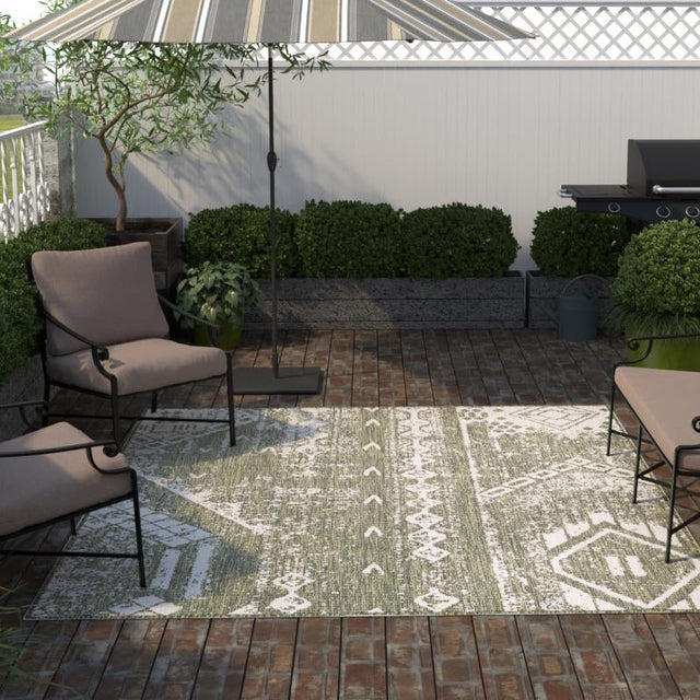 Green 5' 3 x 5' 3 Outdoor Bohemian Square Area Rug Weather Resistant for Patio, Deck, Terrace, Balcony, Porch 100% Polypropylene Boho Carpet Mat for Sale at Rug Engine