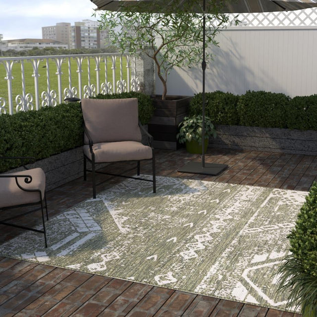 Green 5' 3 x 5' 3 Outdoor Bohemian Square Area Rug Weather Resistant for Patio, Deck, Terrace, Balcony, Porch 100% Polypropylene Boho Carpet Mat for Sale at Rug Engine