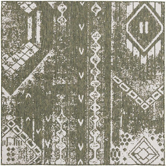 Green 10' 8 x 10' 8 Outdoor Bohemian Square Area Rug Weather Resistant for Patio, Deck, Terrace, Balcony, Porch 100% Polypropylene Boho Carpet Mat for Sale at Rug Engine