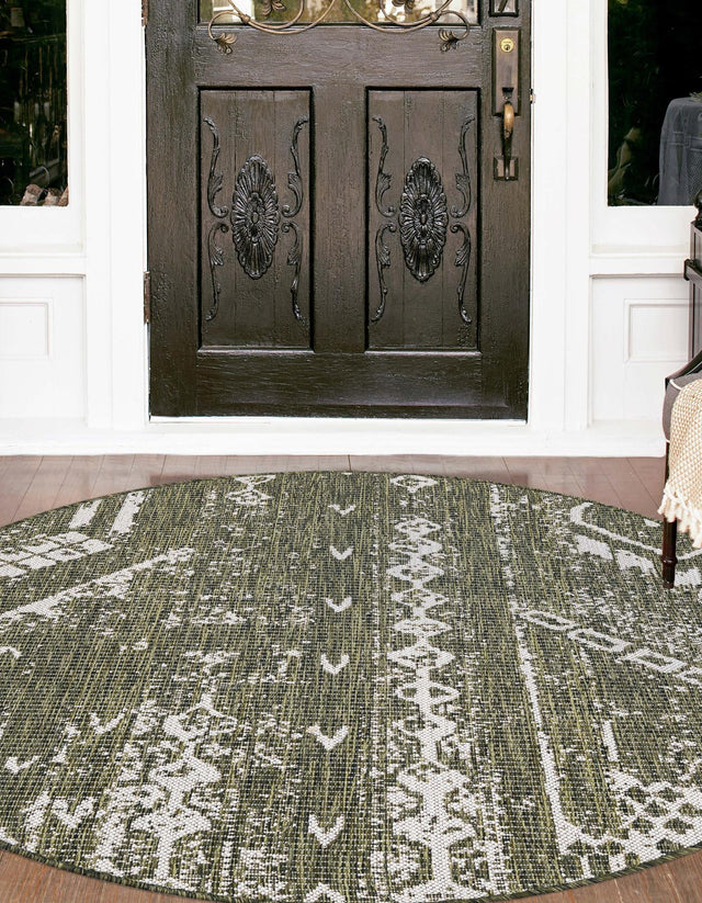 Green 13' 1 x 13' 1 Outdoor Bohemian Round Area Rug Weather Resistant for Patio, Deck, Terrace, Balcony, Porch 100% Polypropylene Boho Carpet Mat for Sale at Rug Engine