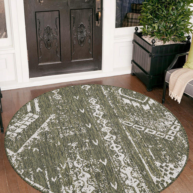 Green 7' 10 x 7' 10 Outdoor Bohemian Round Area Rug Weather Resistant for Patio, Deck, Terrace, Balcony, Porch 100% Polypropylene Boho Carpet Mat for Sale at Rug Engine