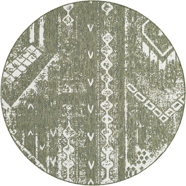 Green 6' 1 x 6' 1 Outdoor Bohemian Round Area Rug Weather Resistant for Patio, Deck, Terrace, Balcony, Porch 100% Polypropylene Boho Carpet Mat for Sale at Rug Engine