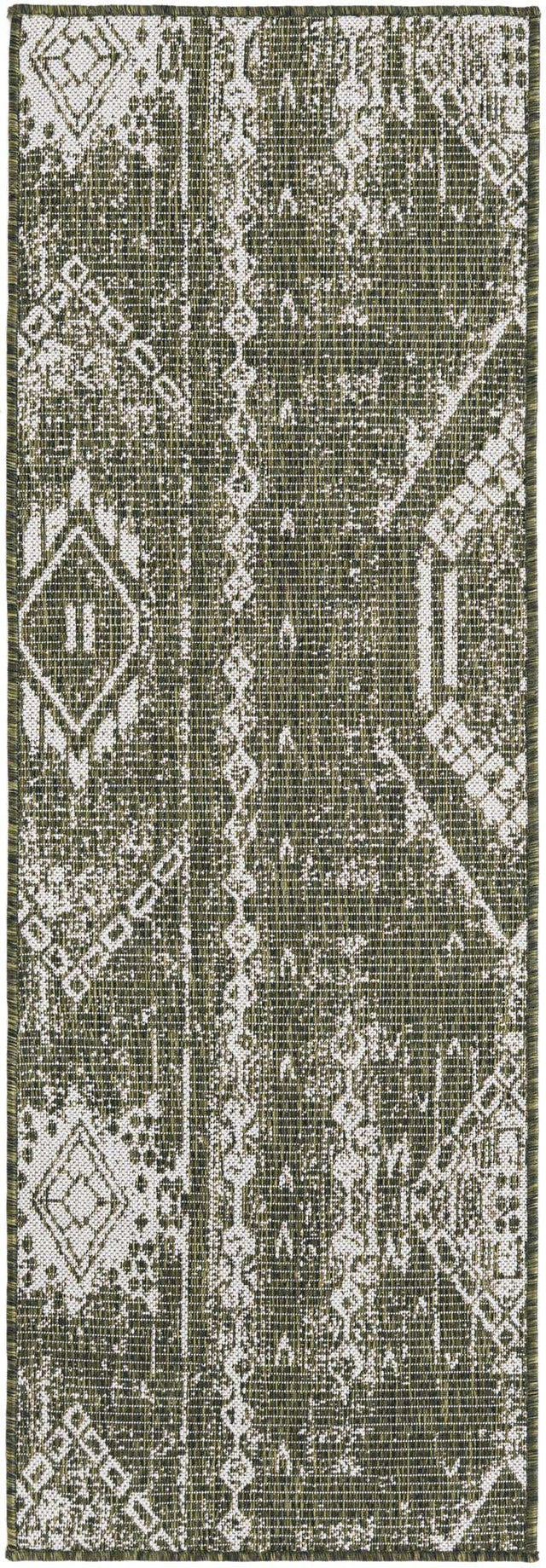 Green 2' x 6' 1 Outdoor Bohemian Runner Area Rug Weather Resistant for Patio, Deck, Terrace, Balcony, Porch 100% Polypropylene Boho Carpet Mat for Sale at Rug Engine
