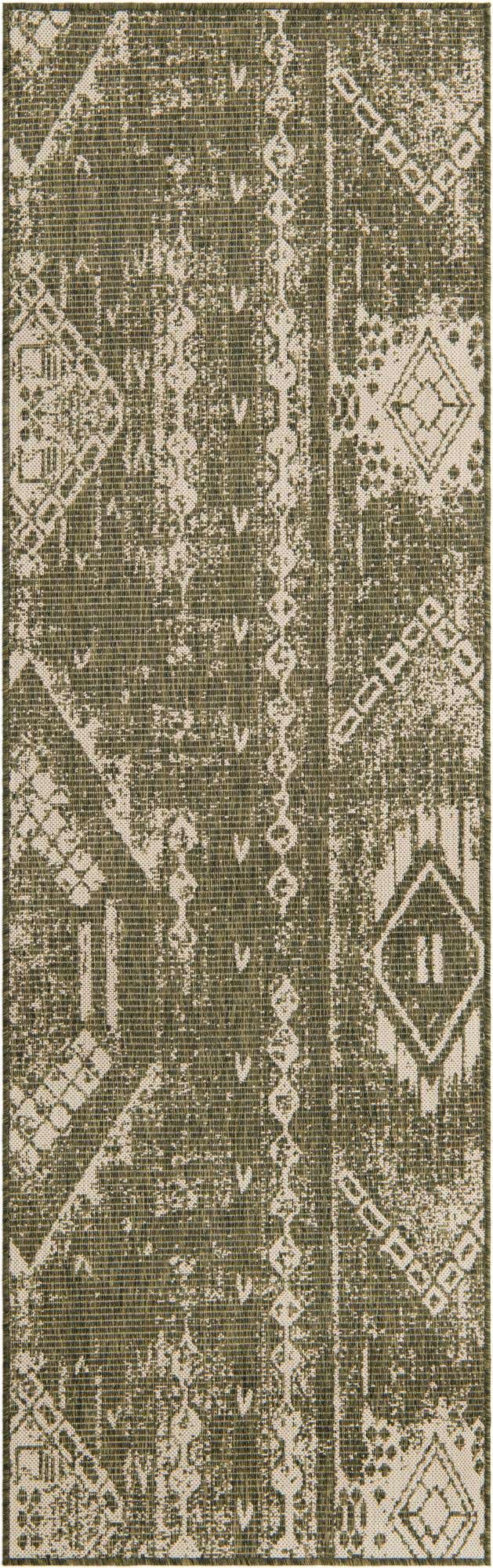 Green 2' x 8' Outdoor Bohemian Runner Area Rug Weather Resistant for Patio, Deck, Terrace, Balcony, Porch 100% Polypropylene Boho Carpet Mat for Sale at Rug Engine