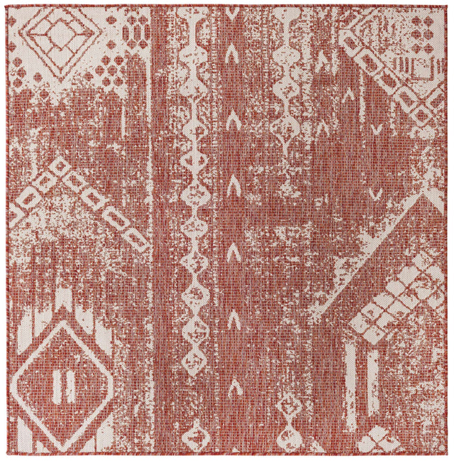Rust Red 5' 3 x 5' 3 Outdoor Bohemian Square Area Rug Weather Resistant for Patio, Deck, Terrace, Balcony, Porch 100% Polypropylene Boho Carpet Mat for Sale at Rug Engine