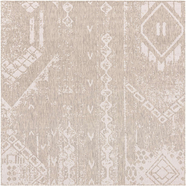 Gray 7' 1 x 7' 1 Outdoor Bohemian Square Area Rug Weather Resistant for Patio, Deck, Terrace, Balcony, Porch 100% Polypropylene Boho Carpet Mat for Sale at Rug Engine