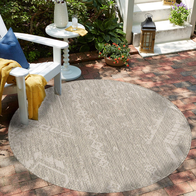 Gray 13' 1 x 13' 1 Outdoor Bohemian Round Area Rug Weather Resistant for Patio, Deck, Terrace, Balcony, Porch 100% Polypropylene Boho Carpet Mat for Sale at Rug Engine