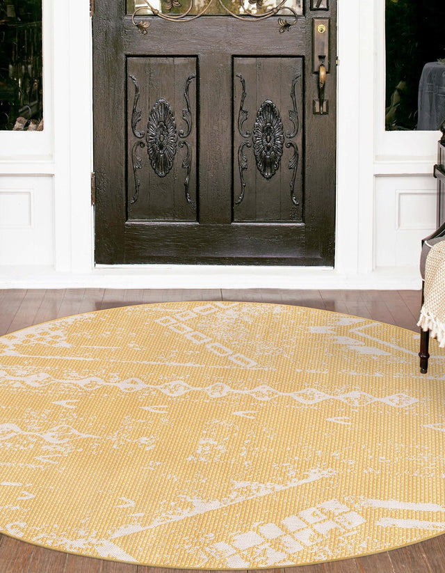 Yellow 6' 1 x 6' 1 Outdoor Bohemian Round Area Rug Weather Resistant for Patio, Deck, Terrace, Balcony, Porch 100% Polypropylene Boho Carpet Mat for Sale at Rug Engine