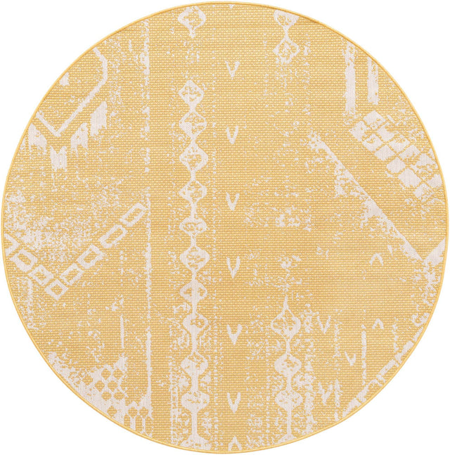 Yellow 6' 1 x 6' 1 Outdoor Bohemian Round Area Rug Weather Resistant for Patio, Deck, Terrace, Balcony, Porch 100% Polypropylene Boho Carpet Mat for Sale at Rug Engine