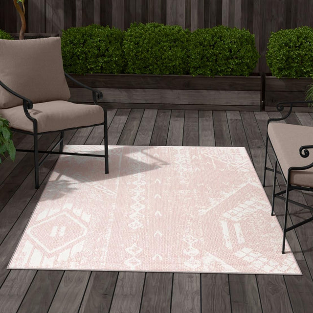 Pink 5' 3 x 8' Outdoor Bohemian Rectangle Area Rug Weather Resistant for Patio, Deck, Terrace, Balcony, Porch 100% Polypropylene Boho Carpet Mat for Sale at Rug Engine