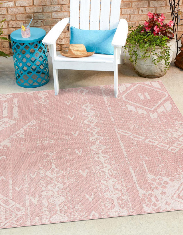 Pink 7' 1 x 7' 1 Outdoor Bohemian Square Area Rug Weather Resistant for Patio, Deck, Terrace, Balcony, Porch 100% Polypropylene Boho Carpet Mat for Sale at Rug Engine