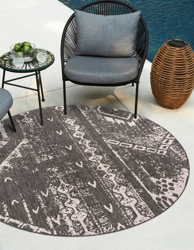 Charcoal Gray 4' 1 x 4' 1 Outdoor Bohemian Round Area Rug Weather Resistant for Patio, Deck, Terrace, Balcony, Porch 100% Polypropylene Boho Carpet Mat for Sale at Rug Engine