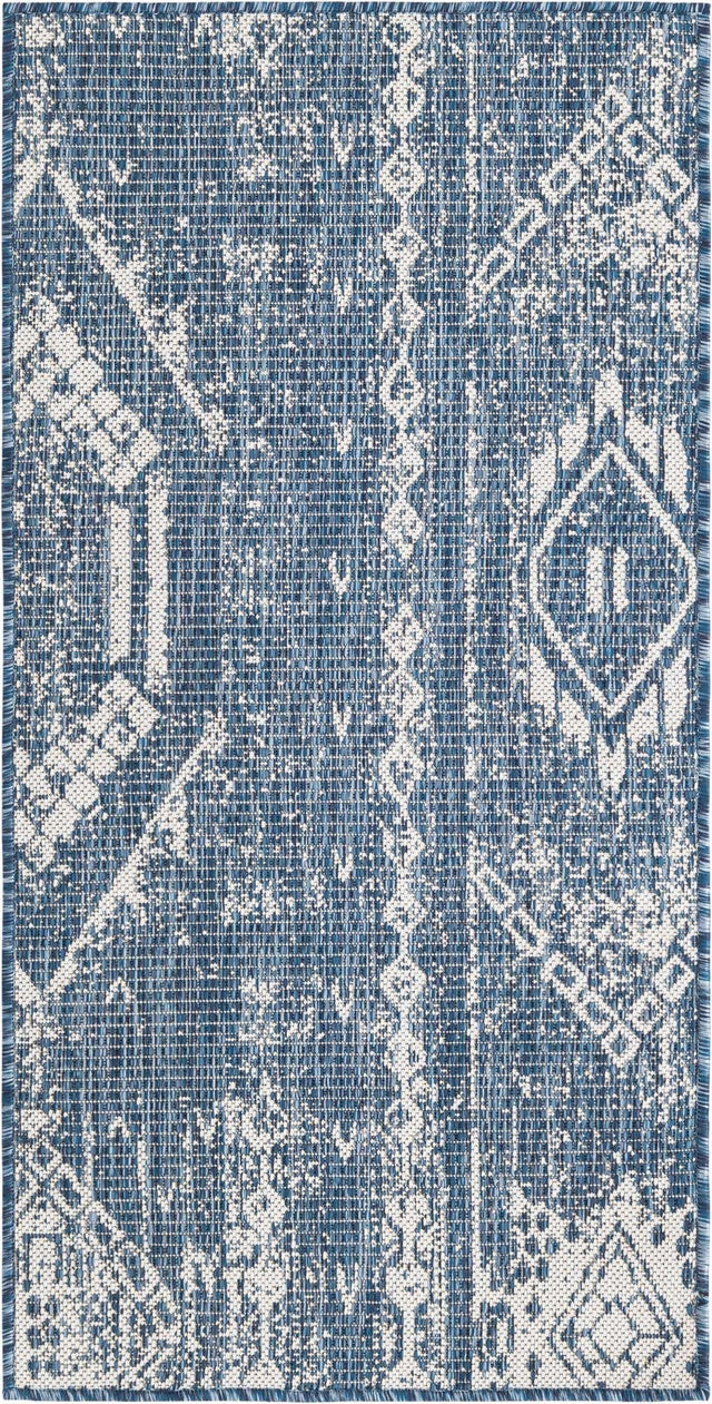 Blue 2' x 4' 1 Outdoor Bohemian Runner Area Rug Weather Resistant for Patio, Deck, Terrace, Balcony, Porch 100% Polypropylene Boho Carpet Mat for Sale at Rug Engine